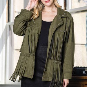 NEW VOCAL SUEDE FRINGE BLAZER JACKET OLIVE S-XL shabby boho western chic cowgirl